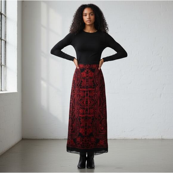 100% Silk Gothic Black and Red Damask Brocade Jacquard Maxi Skirt - Picture 3 of 9